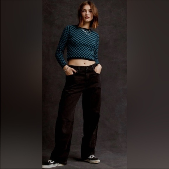 Daydreamers Teal Green Black Checker Pullover Long Sleeve Sweater Size L NEW - Picture 12 of 15